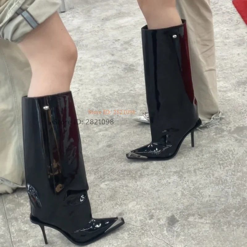 

Black Patent Leather Metal Toe Thin Heeled Buckle Knee Length Boots Women Pointed Toe High Heel Long Boot