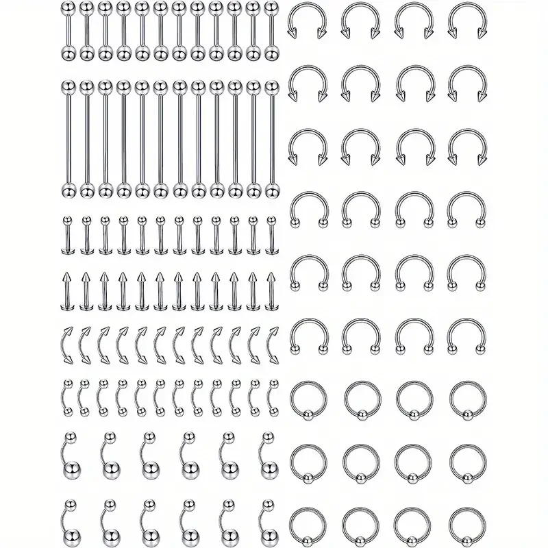 

120pcs Simple Men's Stainless Steel Lip Nose Tongue Ring, Tragus Helix Earrings, Body Piercing Jewelry