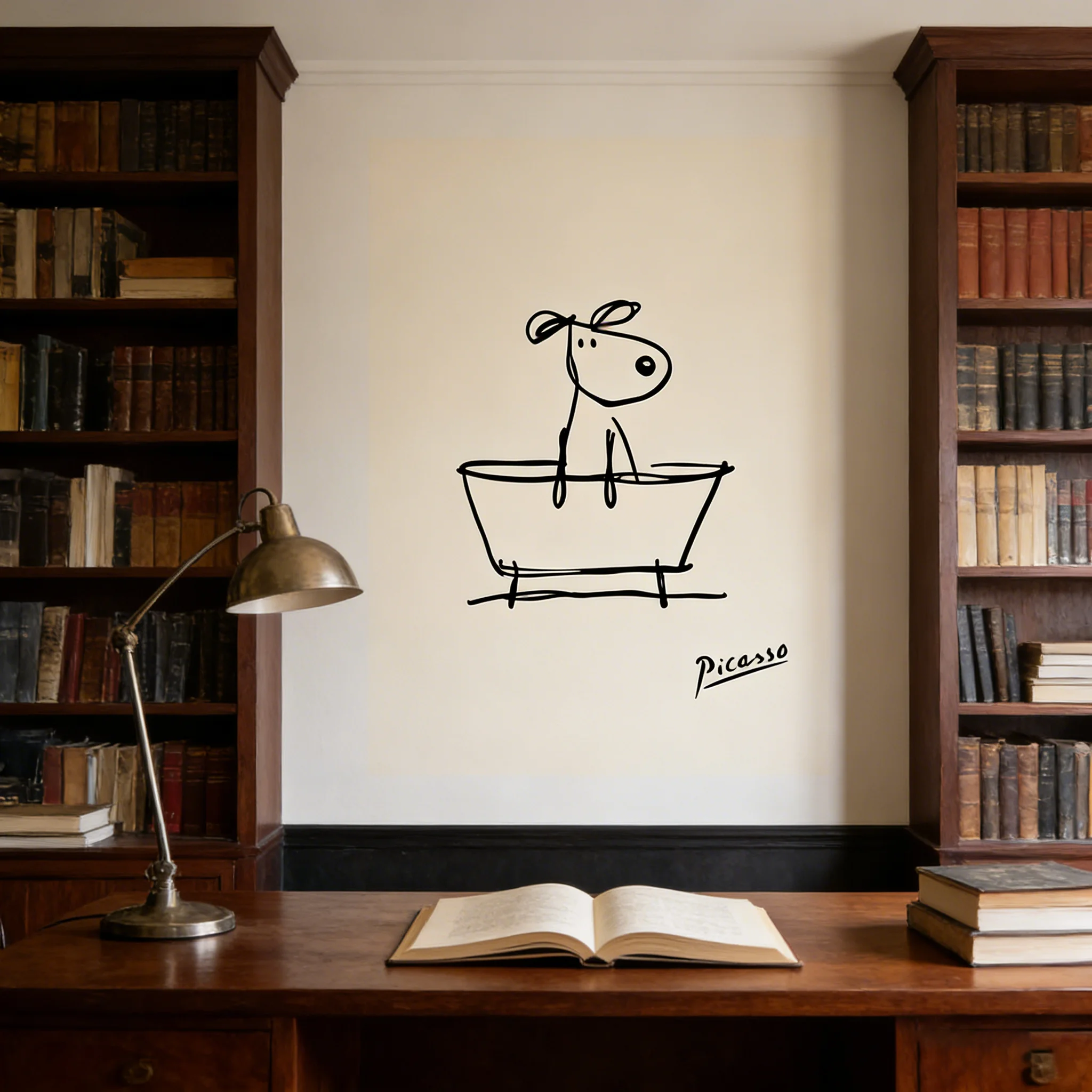 Dog in a Bathtub Wall Art Print, Line Art Bathroom Poster, Picasso Bathroom Print, Minimalist Bathroom Decor, Funny Dog Print, D view 5