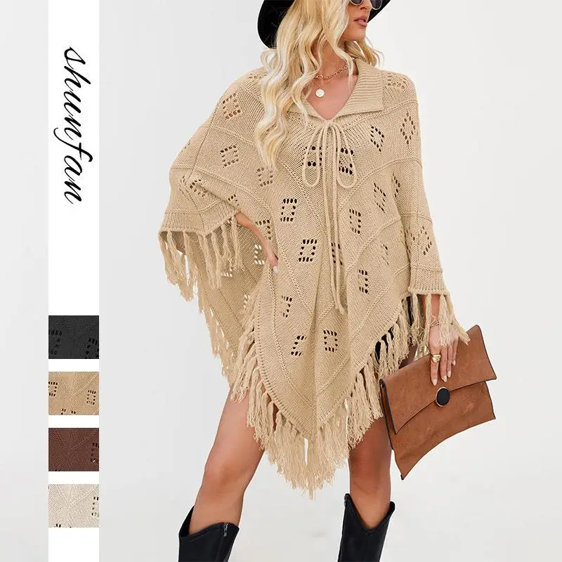 

Модный вязаный свитер с кисточками и овальными плечами Thi Winter Sle Nine Sve Длина Bell Sve Материал из искусственной кожи Новинка 2025 года Осень Зима