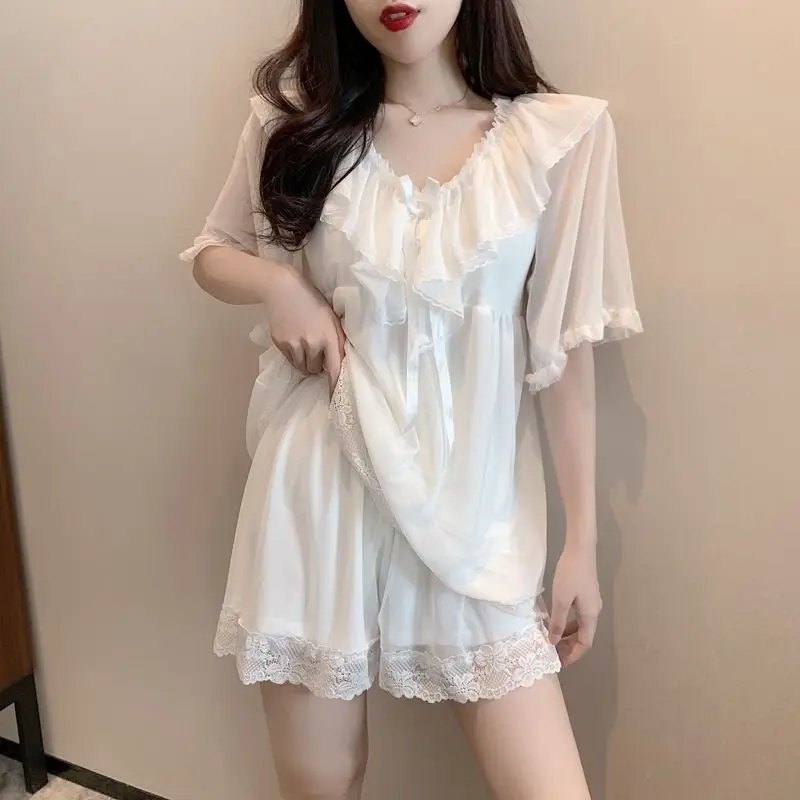 QWEEK Sweet Women White Suits with Shorts Nightwear Basic V-neck Summer Girls Home Clothes Nightie Pajamas for Femme