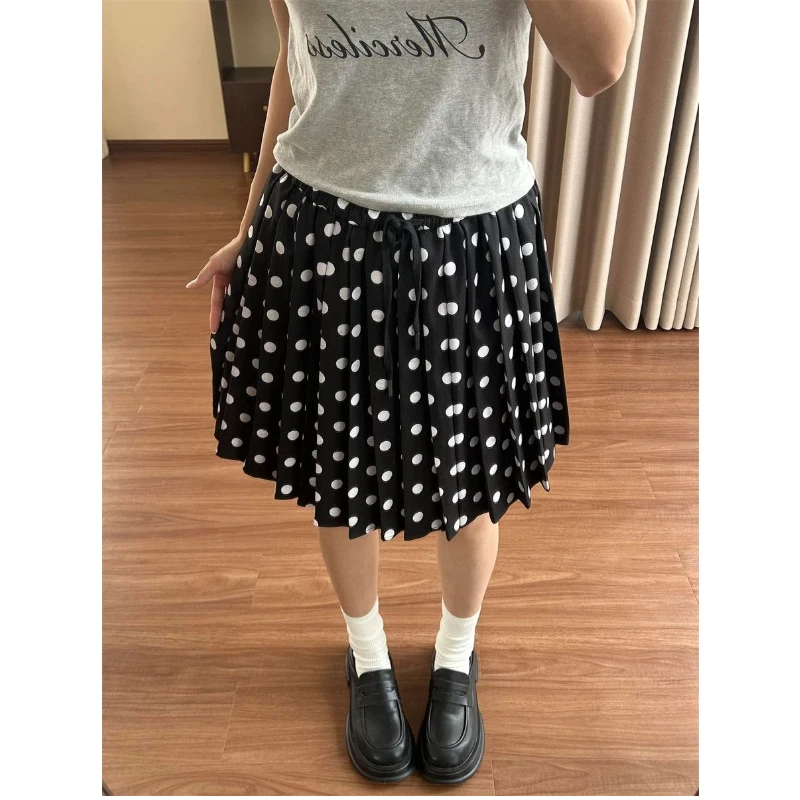 Lazy Style Dot Print Loose Pleated Midi Skirt Summer New All-match Youth Street Casual A-line Skirt Korean Trend Women Clothing