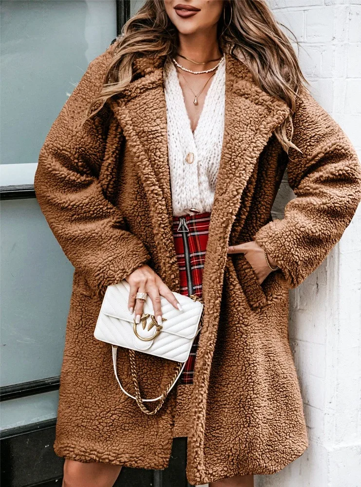 2024 herbst und Winter Neue frauen Woolen Lange ärmeln Jacke Langen Abschnitt Revers Plüsch Top Weibliche – Detail 2