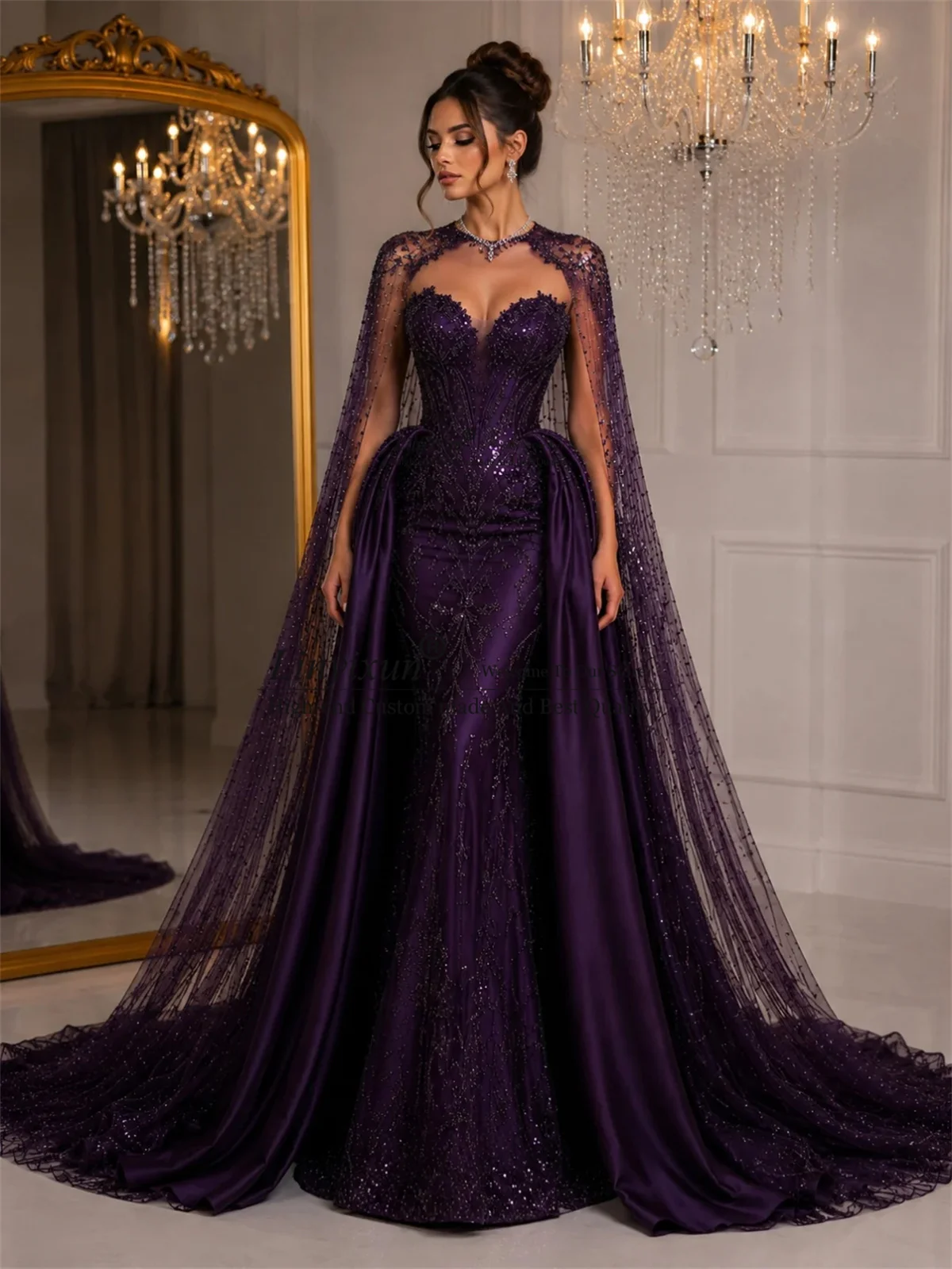 Aso Ebi Meerjungfrauen-Abschlussballkleider mit Cape, Spitze und Pailletten, Abendkleider, maßgeschneidert, ohne Schleppe, afrikanische Dubai Roben de Soirée