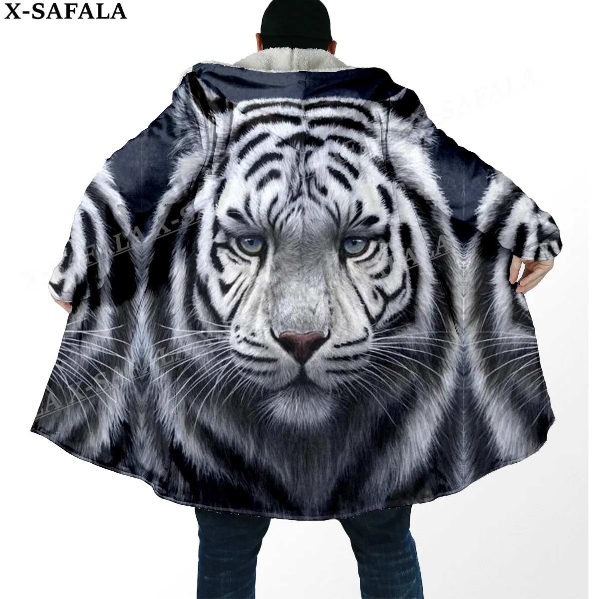 Mythology Tiger The King Spirit Thick Warm Hooded Cloak Men Overcoat Coat Windproof Fleece Cape Robe Hooded Blanket-7