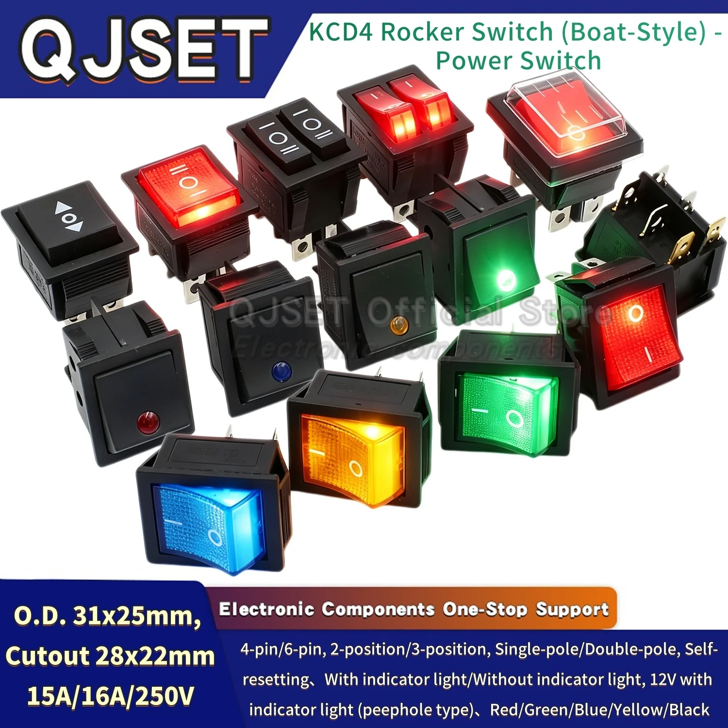 1pcs 25*31mm ON/OFF Latching Rocker Toggle Switch Power Switch I/O 4/6 Pins with Light 16A 250V 220V 20A 125VAC KCD4 2/3position