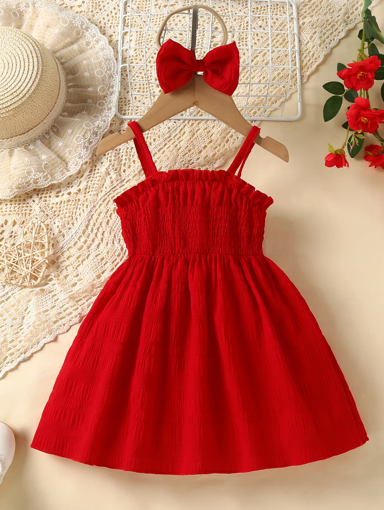 2Pcs Baby Girl Summer Suspenders Dress Red Ruffled and Bow Suitable for 0-3 Year Old Baby Girl Vacation Casual Style Dress