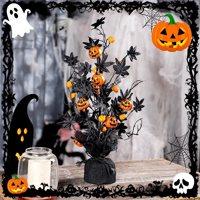 

2025 Halloween Pumpkin Black Maple Leaf Tree Fall Home Party Ornament Scary Tabletop Centerpiece for Thanksgiving Christmas Gift