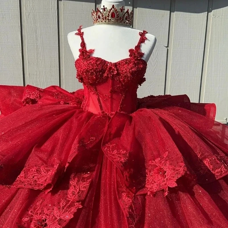 Mexican Red Shiny Quinceanera Dresses Applique Lace Beads Birthday Princess Formal Ball Gowns Vestidos XV 15 Años