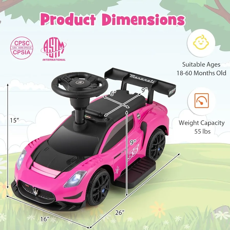 6V 전동차 마세라티 라이선스 유아용 자동차 (경적, 음악, 조명, 시트 아래 수납공간 포함) 배터리 구동 푸시카