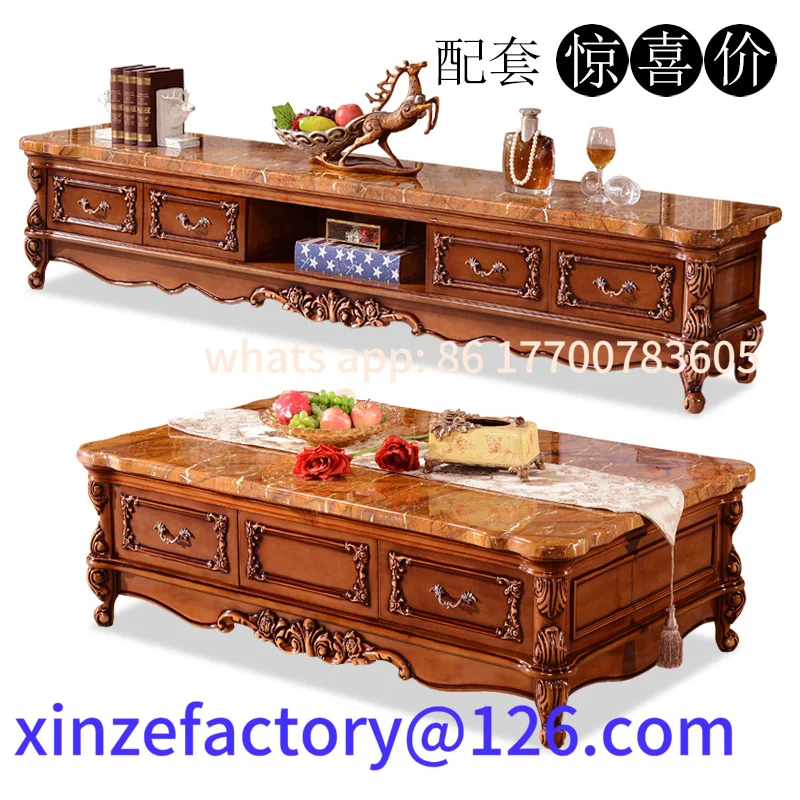 

European coffee table TV cabinet solid wood marble matching corner table American floor cabinet high-end living room