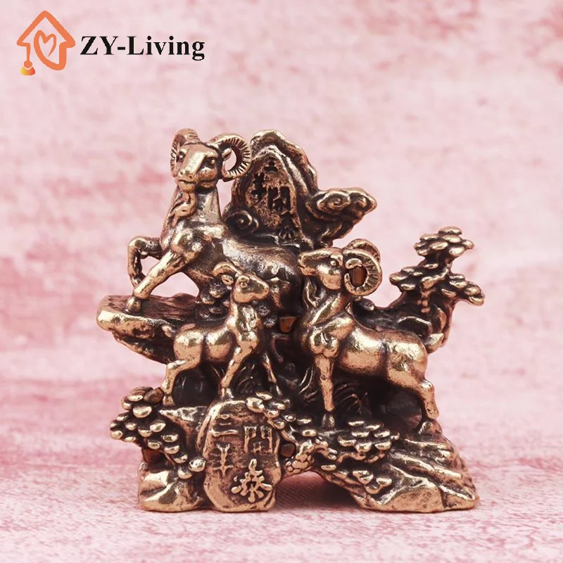 Three Rams Bring Bliss Brass Statue, Vintage Chinese Feng Shui Goat Figurine, Exquisite Carved Desktop Decor for Office Home