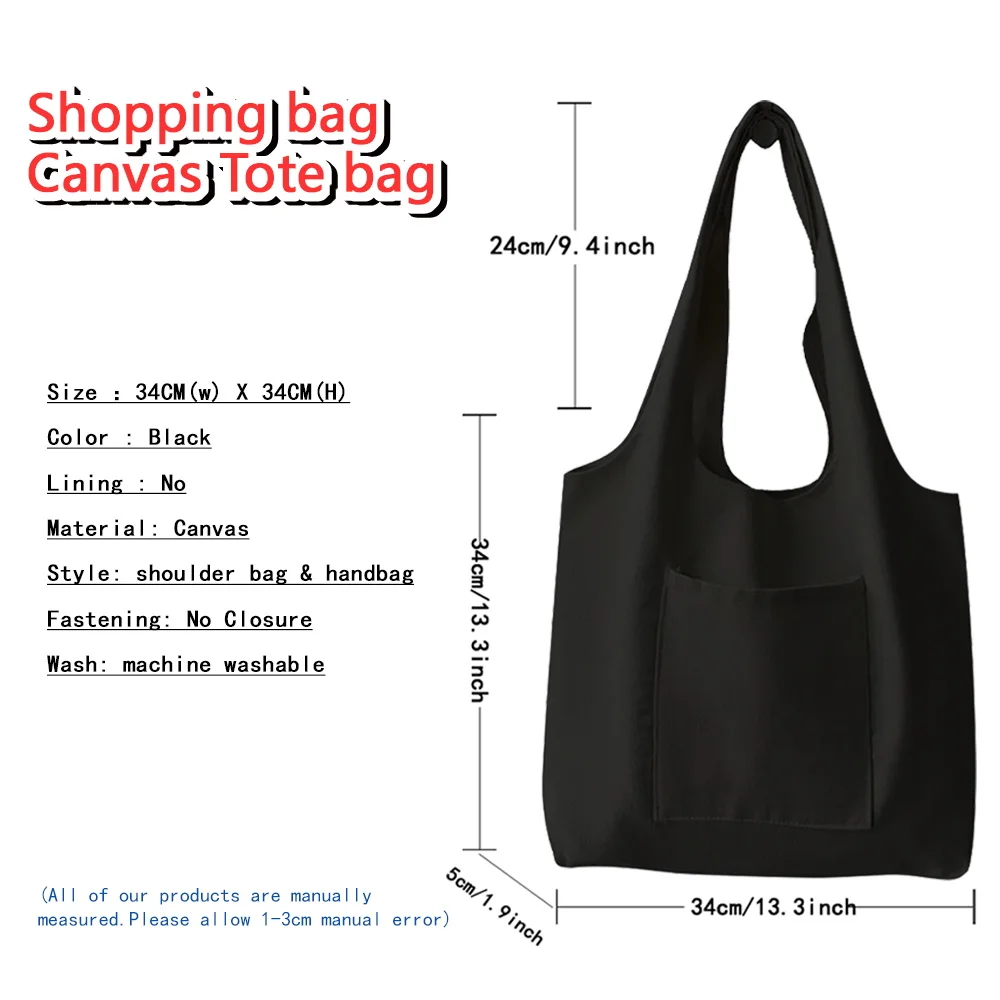 Bolso de hombro informal con estampado de dibujos animados para mujer, bolsa de mano de lona de gran capacidad, suave, color negro