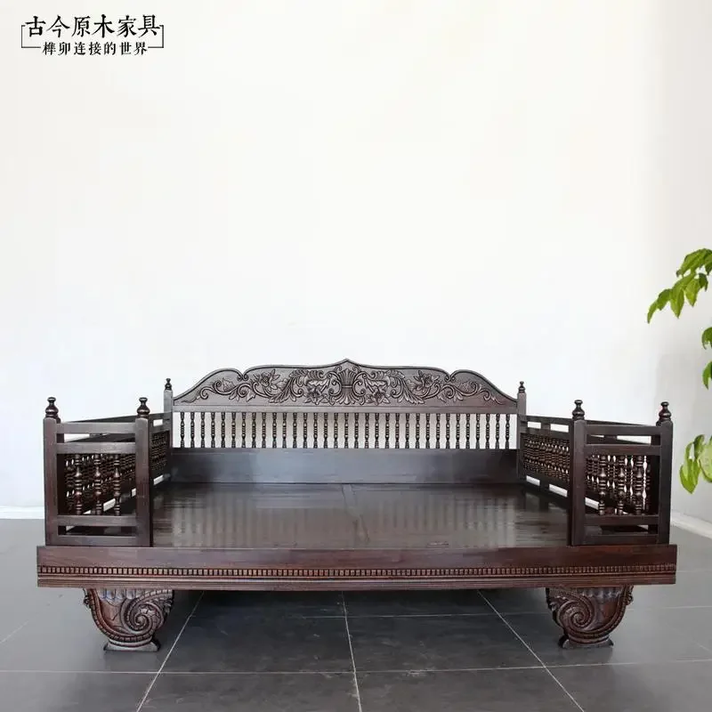 Southeast Asian style fence solid wood bed Arhan Bed 1 Elm wood carved flower Thai bar double sofa bed