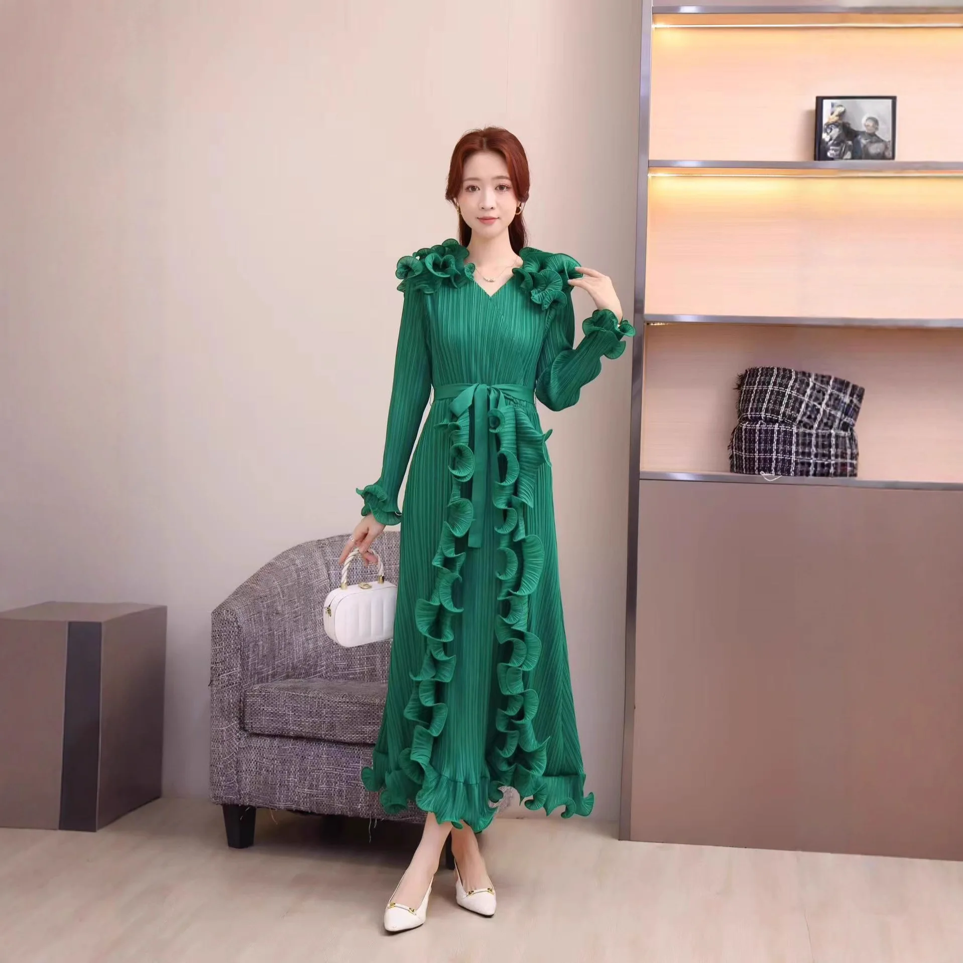 

Miyake Ruffles Patchwork Design Elegant Dress Women Miyake Pleated V Neck Lace-up Waist Solid Color Party Long Dresses 2025 New