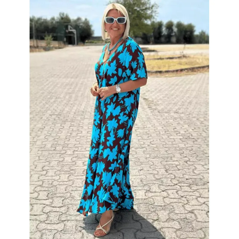 Abito casual stampato allentato Temperamento Pendolarismo Moda donna Scollo a V Manica corta Abito di grandi dimensioni Viaggio Spiaggia Vacanza Stile