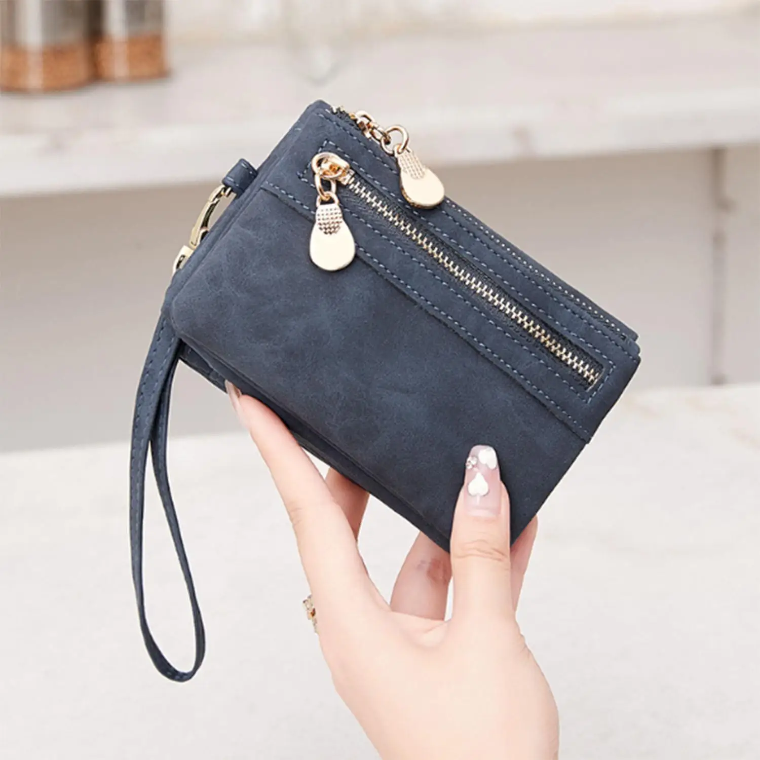 

New purse for women short European and American vintage frosted double zipper multi-function folding can expand women's handbag