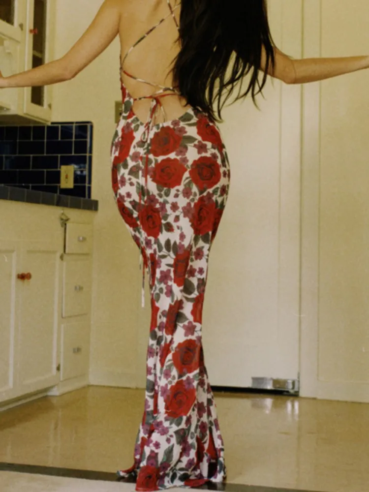 Robe Sexy à imprimé Floral pour femmes, mode, sans manches, bretelles Spaghetti, col en V, dos nu, robes de hanche, jupes de fête élégantes