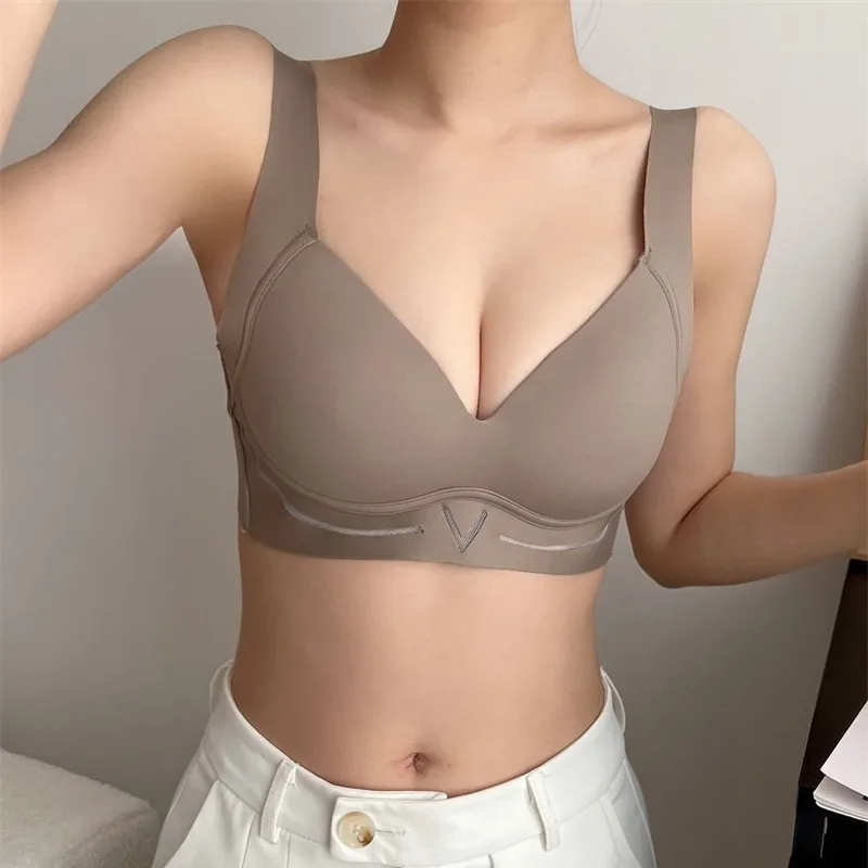 Korean Harajuku Naked Feeling Breathable Seamless Bra Women's Comfortable Antipeeling Underwear Sexy Slim Solid Color Design Bra