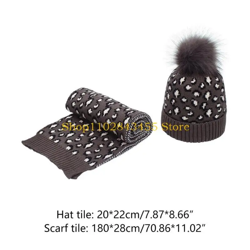 49MC النساء الشتاء محبوك 2 قطعة قبعة صغيرة ووشاح مجموعة خمر ليوبارد طباعة رقيق مكبل الجمجمة قبعة رشاقته شال