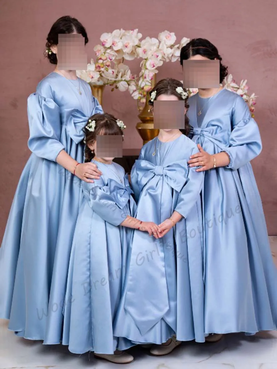 فساتين أنيقة لفتاة الزهور مطوي من الساتان لحفلات الزفاف للفتيات بأكمام بالونية فستان وصيفة العروس صغير بفيونكة فائقة للحفلات