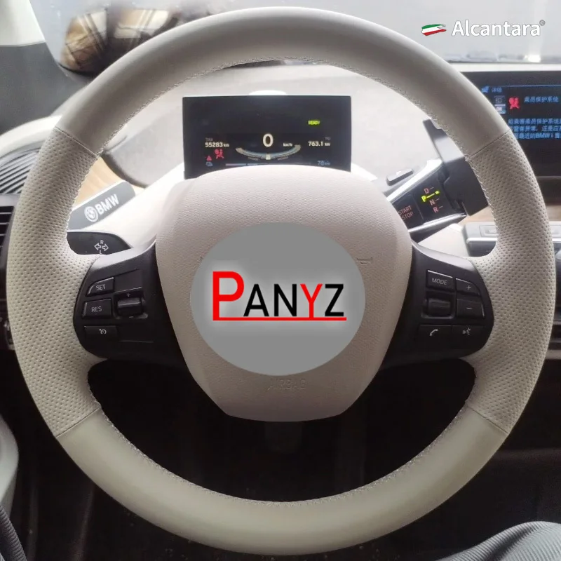 Hand Stitched Black Suede Leather Car Steering Wheel Cover for Bmw i3 2013-2021 Braid Full Coverage Interior