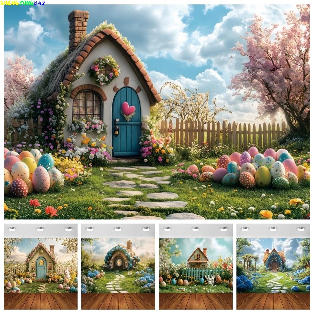 Spring Easter Photography Background Nature Scenery Forest Cottage Flower Eggs Rabbits Baby Kids Birthday Party Studio Backdrop