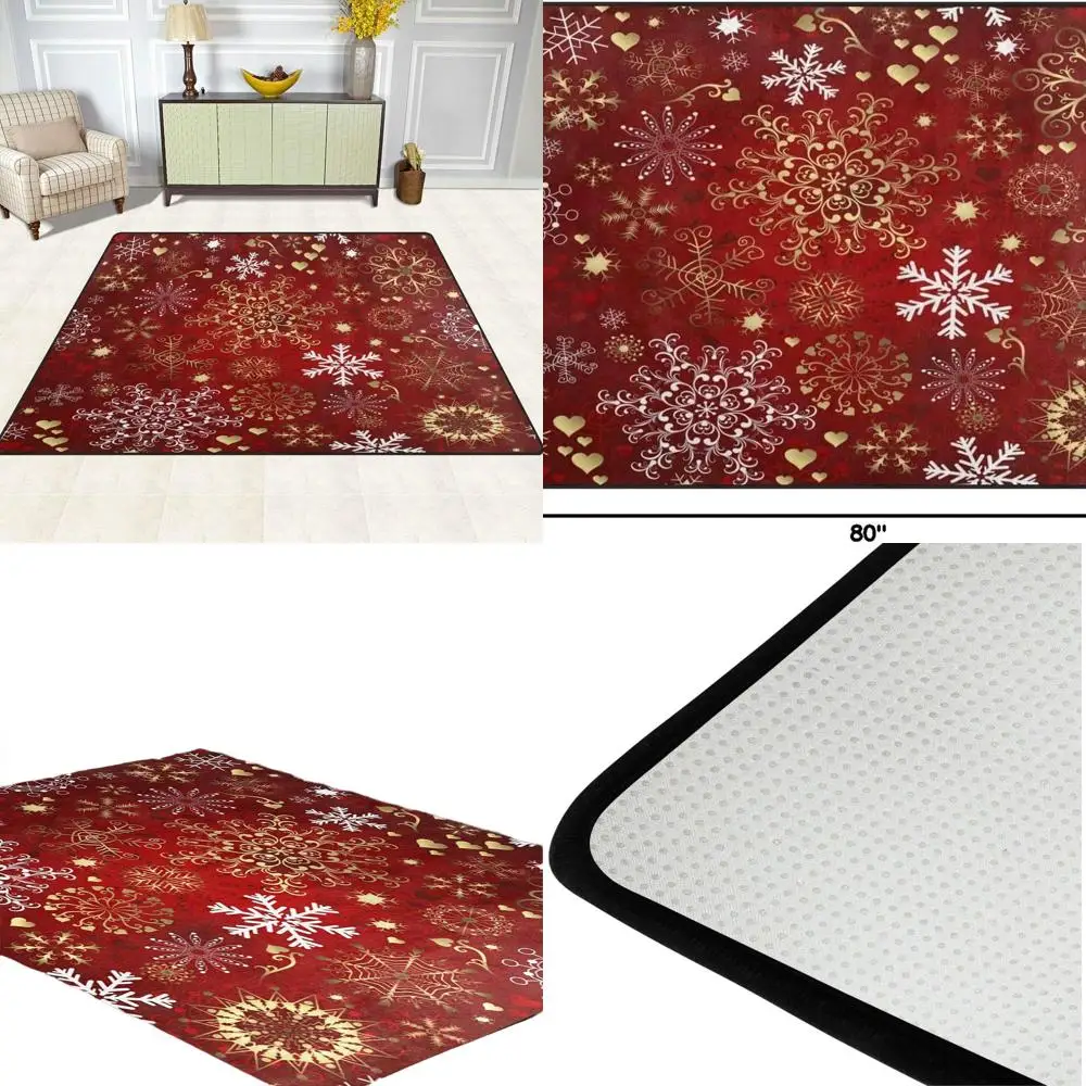 

Red, Gold, and White Snowflake Winter Rug for Living Room and Bedroom, 4'10 x 6'8