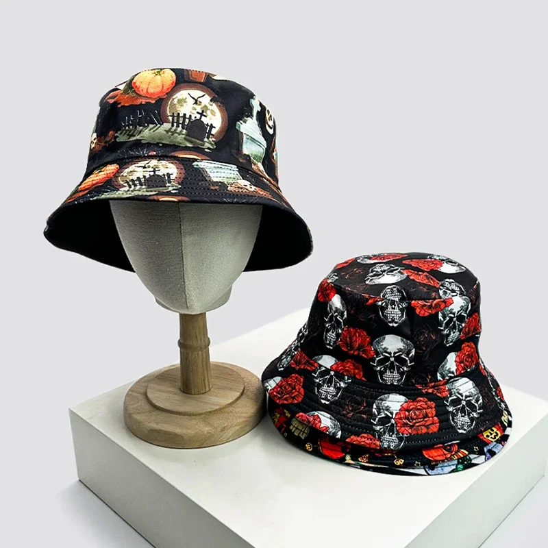 

New Unisex Print Halloween Elements Skull Bucket Hats funny Sunshade Fashion Double Sided Wearable Fisherman Caps Versatile ins