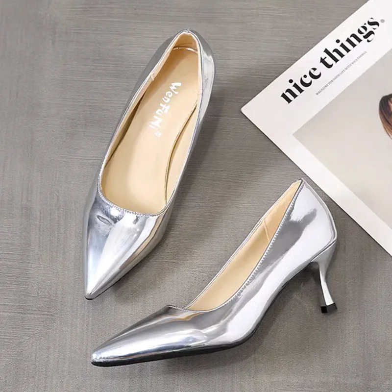 Lady Seam Gold Silver Null Pumps Med Heels 6cm Comfortable Shiny Mirror Slip-On Sexy Fashionable Shoes Pointy Toe Stilettos 28cm