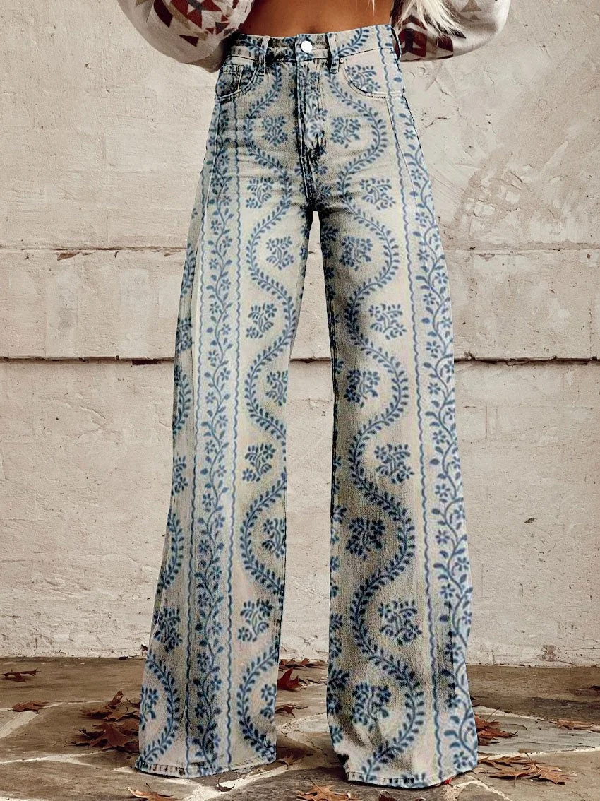 New Vintage Gradient Imitation Jeans Women's Wide Leg New Fashion High Waist Casual Retro Punk Women 3D Printed Imitation Jeans