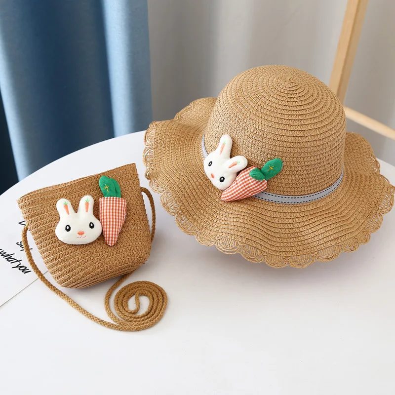 

Summertime New Cute Children Straw Hat and Shoulder Bag Girls SummerOutdoor Beach Cap Cute Bow Travel Beach Sun HatCrossbody Bag