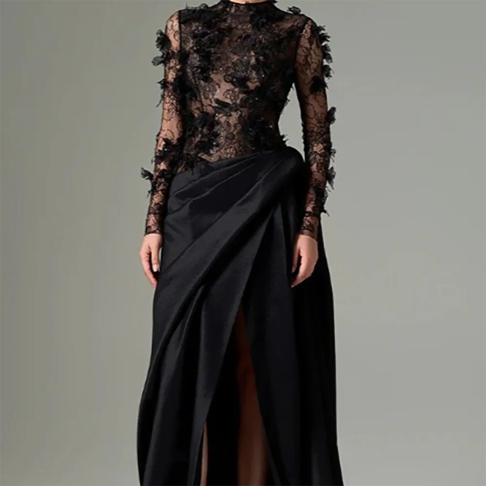 Vestidos de noche formales rectos plisados de manga larga con apliques de cuello alto clásicos vestidos de fiesta de cumpleaños personalizados