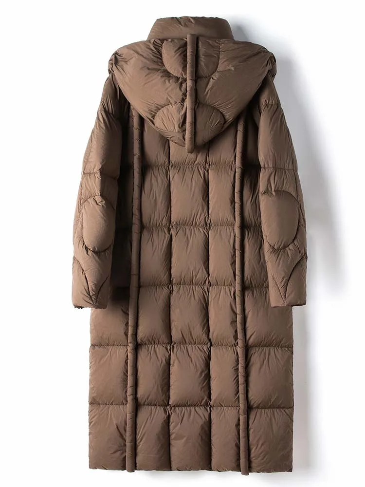 Luxury  women\'s Warm long down jacket oversize 420g 2024 Winter Brown design puff coat with hooded Female Parkas INKEO DJ030