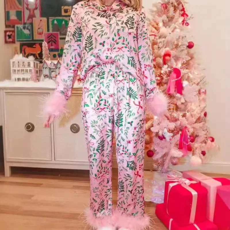 Multiple Styles Christmas Printing Cute Pajamas Imitation Silk Luxury Women Pajamas Set Long Sleeved Trousers 2Pieces Sleepwear