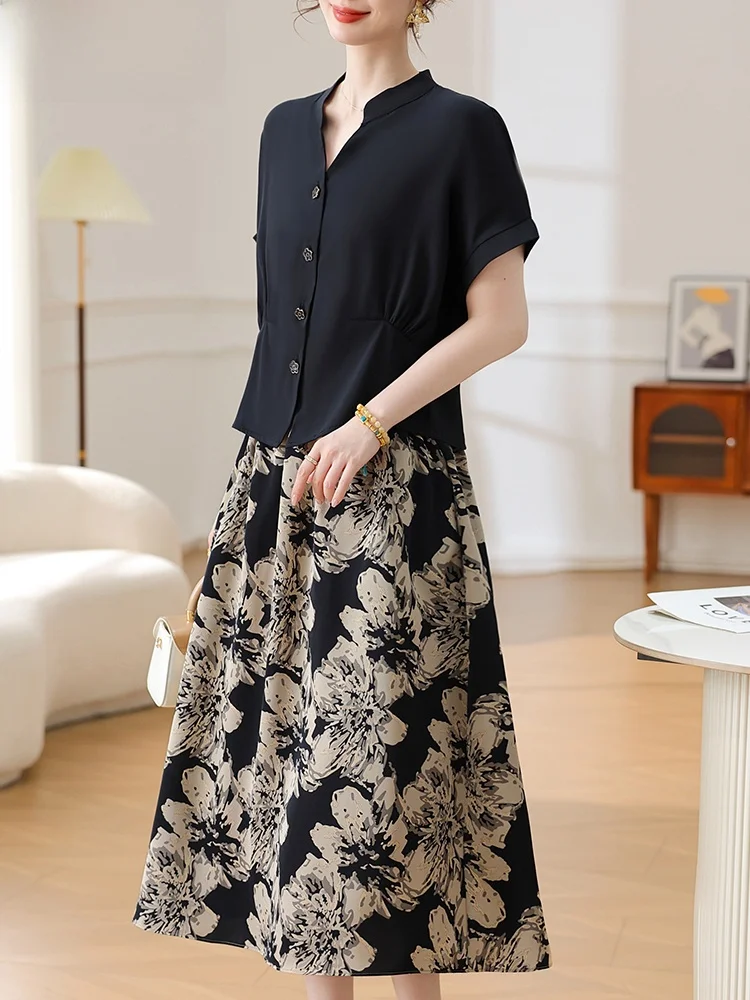 

Летний комплект Ele Mom 2025: Новинка! Модный шифоновый топ с коротким рукавом и юбка миди для женщин среднего возраста