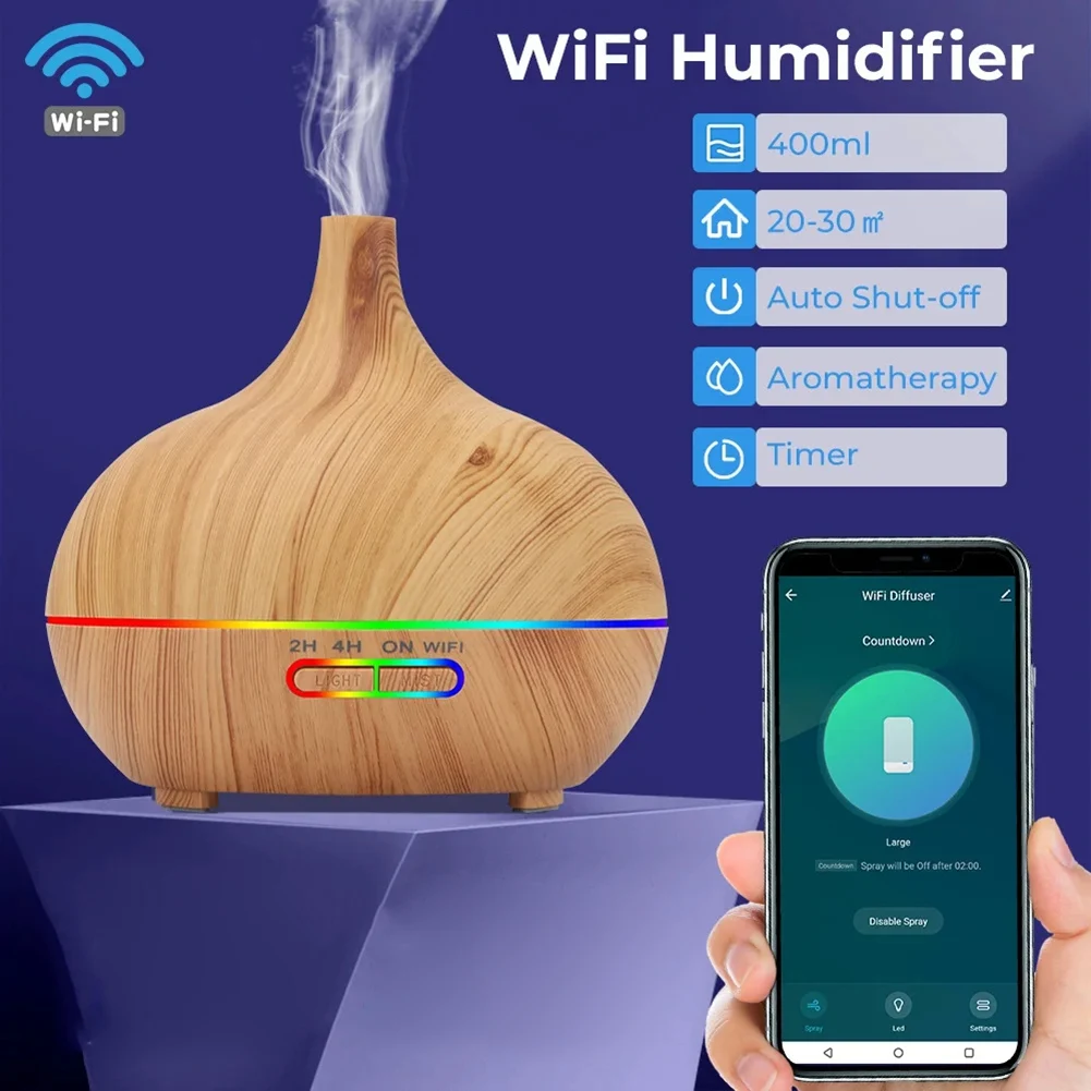 Tuya WiFi Humidifier Essential Aroma Oil Diffuser Smart Home 400ml Air Humidifier Mist Maker for Alexa EU Plug