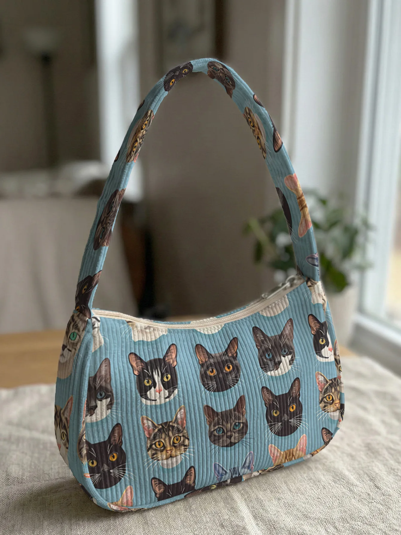 Trendy Cat Head Print Shoulder Bag, Light Blue Corduroy Underarm Bag for Daily Casual Use
