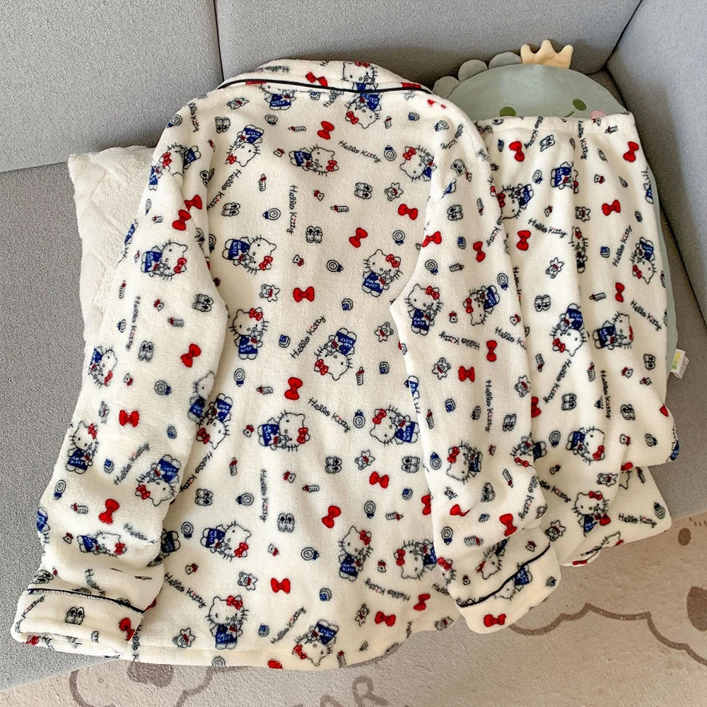Sanrio Hello Kitty Flannel Women's Pajamas Set Cuteore Cartoon Winter Warm Sleepwear Long Sleeve Pant Nightwear Home Clothes New view 5
