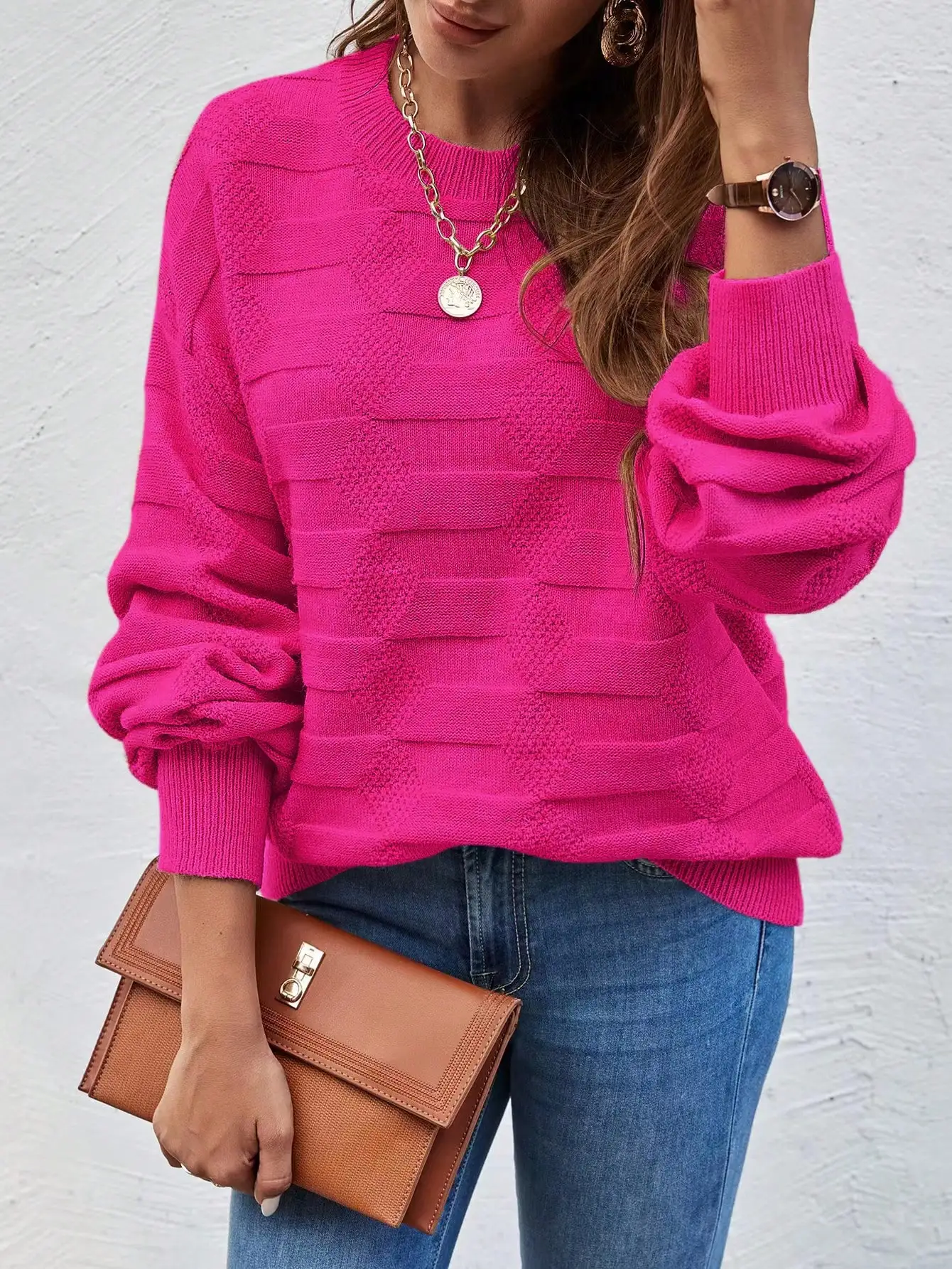 

Hot Pink Textured Knit Pullover with Drop Shoulder & Bishop Sleeves