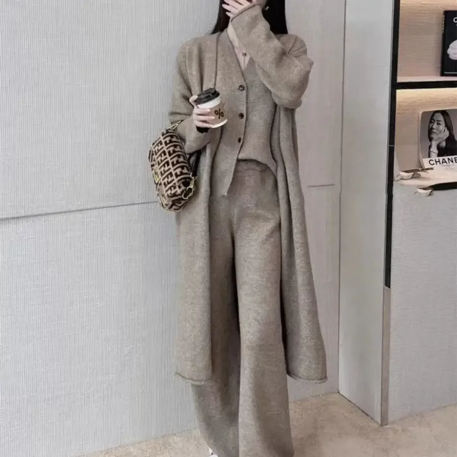 SuperAen Korean Style Knitting Loose Wide-leg Pants Women 2025 Autumn and Winter New Vest Cardigan Long Sweater Three-piece Set