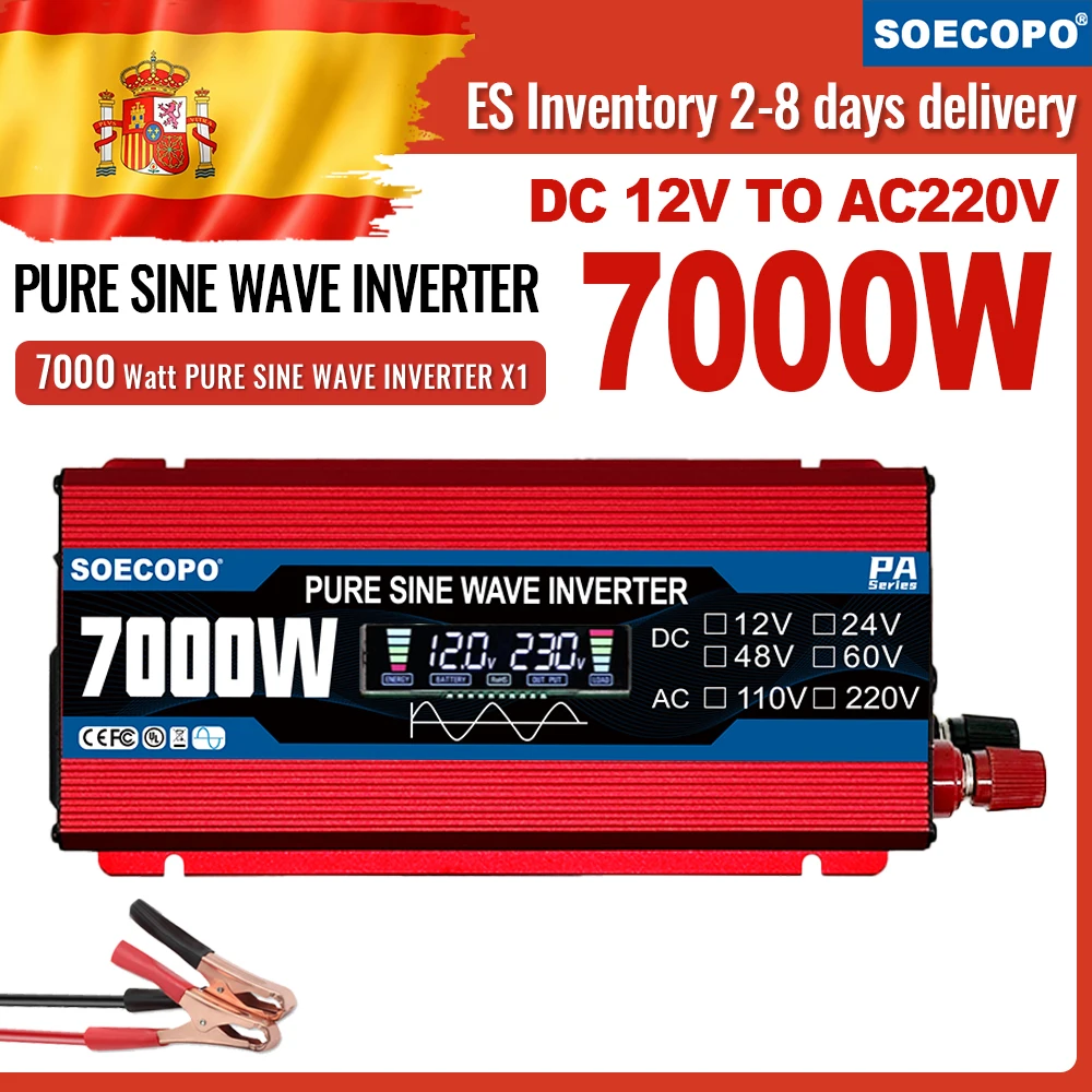 SOECOPO Zuverlässiger, geräuschloser und preisgünstiger 7000W Spitzenleistungs-Wechselrichter mit reiner Sinuswelle, Multi-DC-Eingang 12V zu AC 220V mit Universalsteckdosen, schneller Versand aus