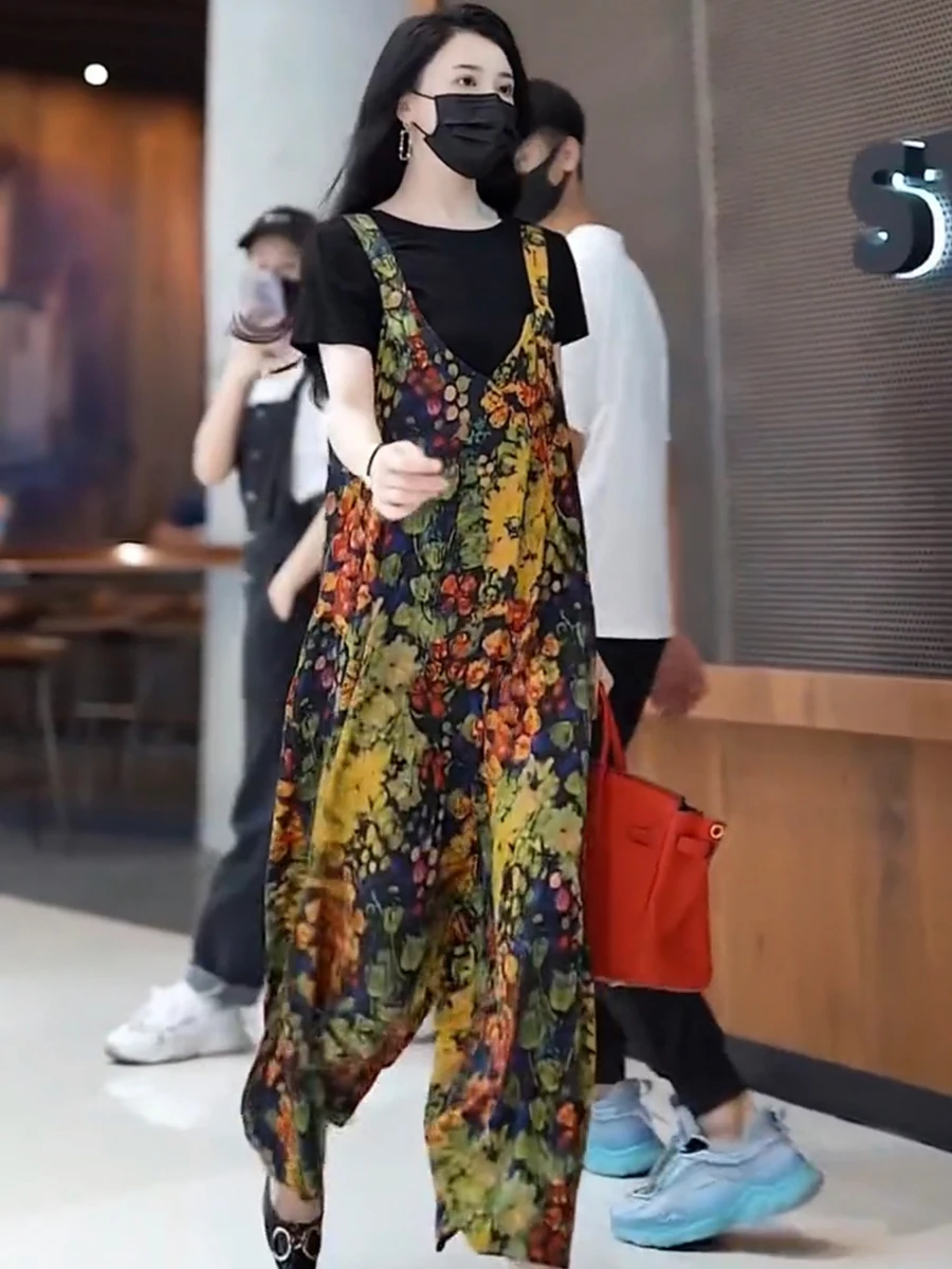 

Летний тонкий комбинезон с широкими штанинами для женщин, комплект из двух предметов с высокой талией, с цветочным принтом, стройнящий, для повседневной носки, длинный рукав