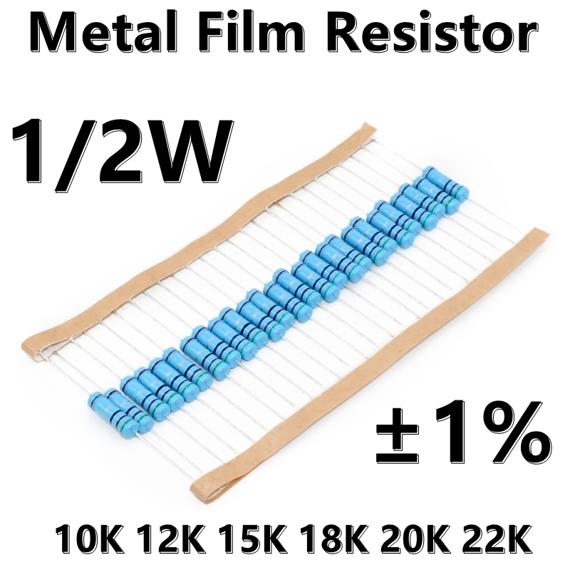 Resistencia de película metálica 100, anillo de cinco colores de precisión 10K, 12K, 15K, 18K, 20K, 22K, 1% piezas, 1/2W