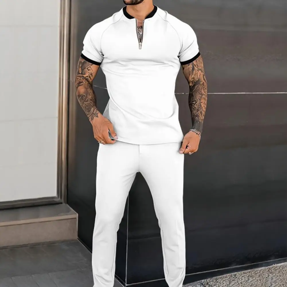 Autumn Men\'s Sets Casual Simple T-Shirt Sports Outfit Zipper Top Trousers Fashion Short-Sleeved Fitness Jogger Tracksuit