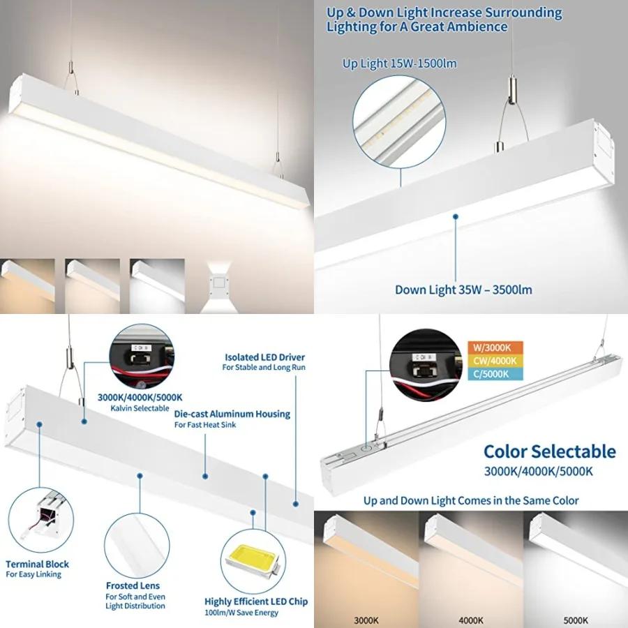 

4Feet Linkable LED Linear Light, 35W Down and15W Up Light, 3/4/5000K CCT Selectable, Commercial Linear Lighting Fixture for Off
