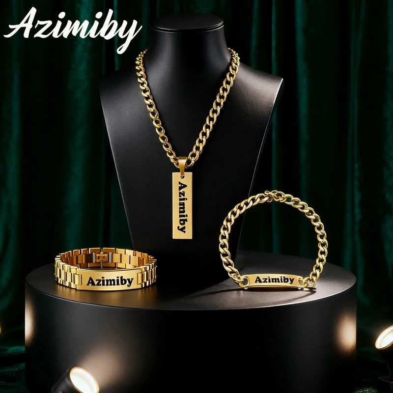 

Azimiby Customizable Name Classic Punk Style Bracelet Necklace Set Stainless Steel Engrave Text Personalized Gift For Women Men