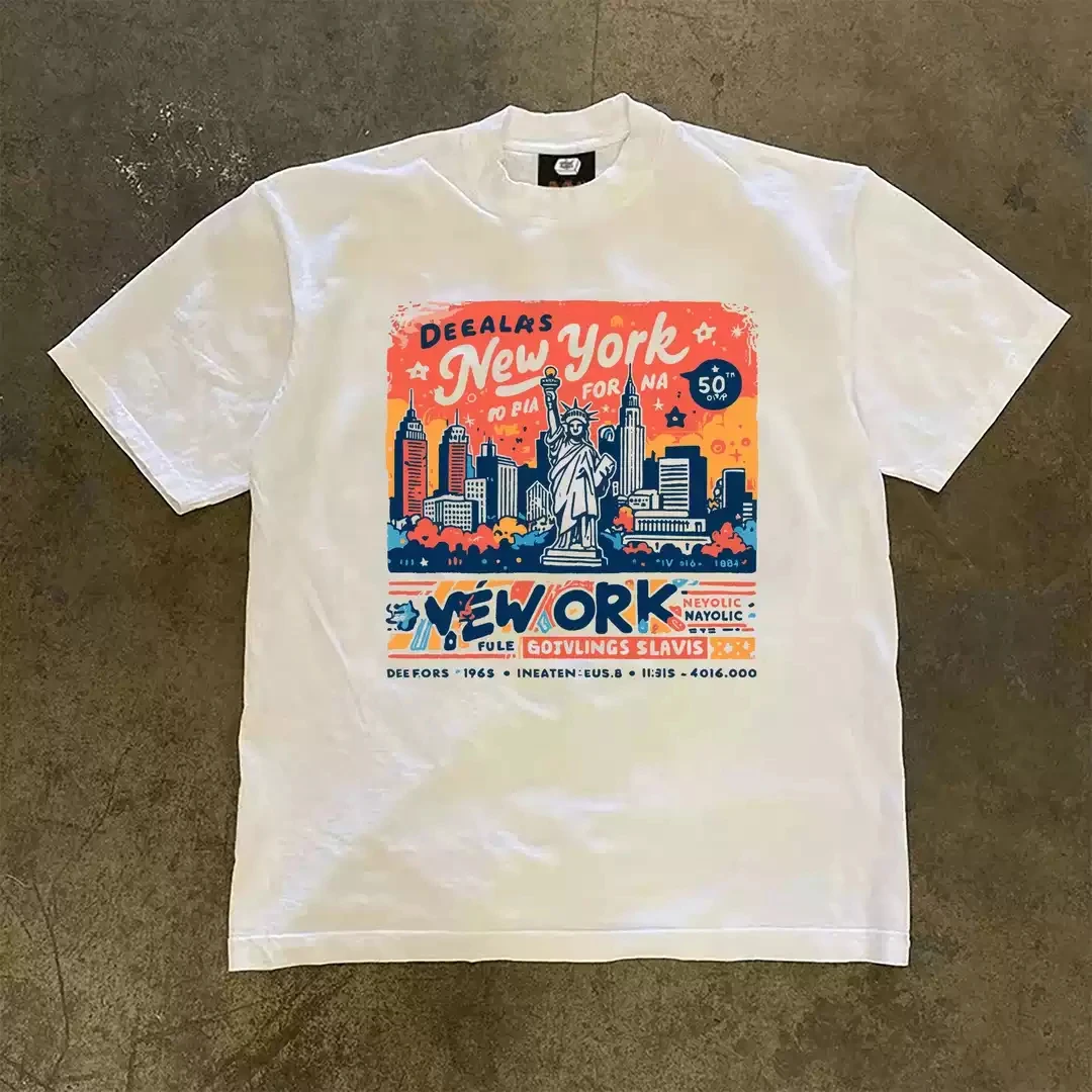 تي شيرت رجالي قطن نيويورك نمط شخصية تي شيرت Harajuku y2k كاجوال برقبة دائرية وأكمام قصيرة للجنسين