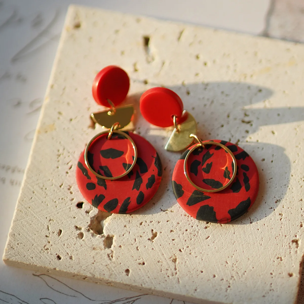 Multi-Color Polymer Clay round Disc Earrings with Trendy Metal Chip Rings Dangle Dots for Women Fashionable Daily Party Accessor
