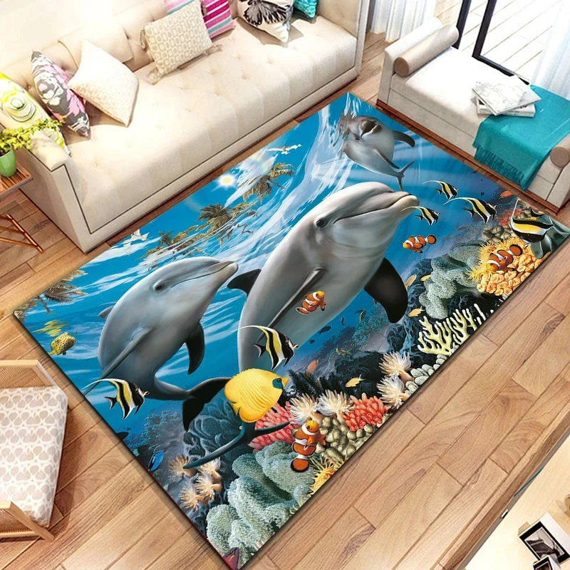 Nautical Dolphin Carpet Ocean Animal Rug for Bedside Living Room Backyard Sofa Decor Underwater World Coastal Creature Floor Mat